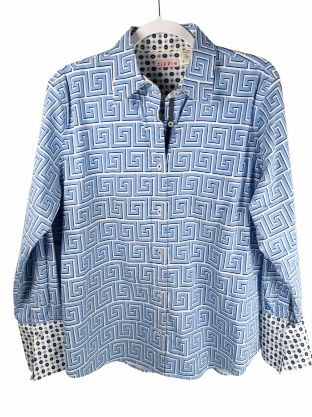 Tizzie by Dizzy-Lizzie Greek Key Geometric Print Button-Up Shirt Blue White XL